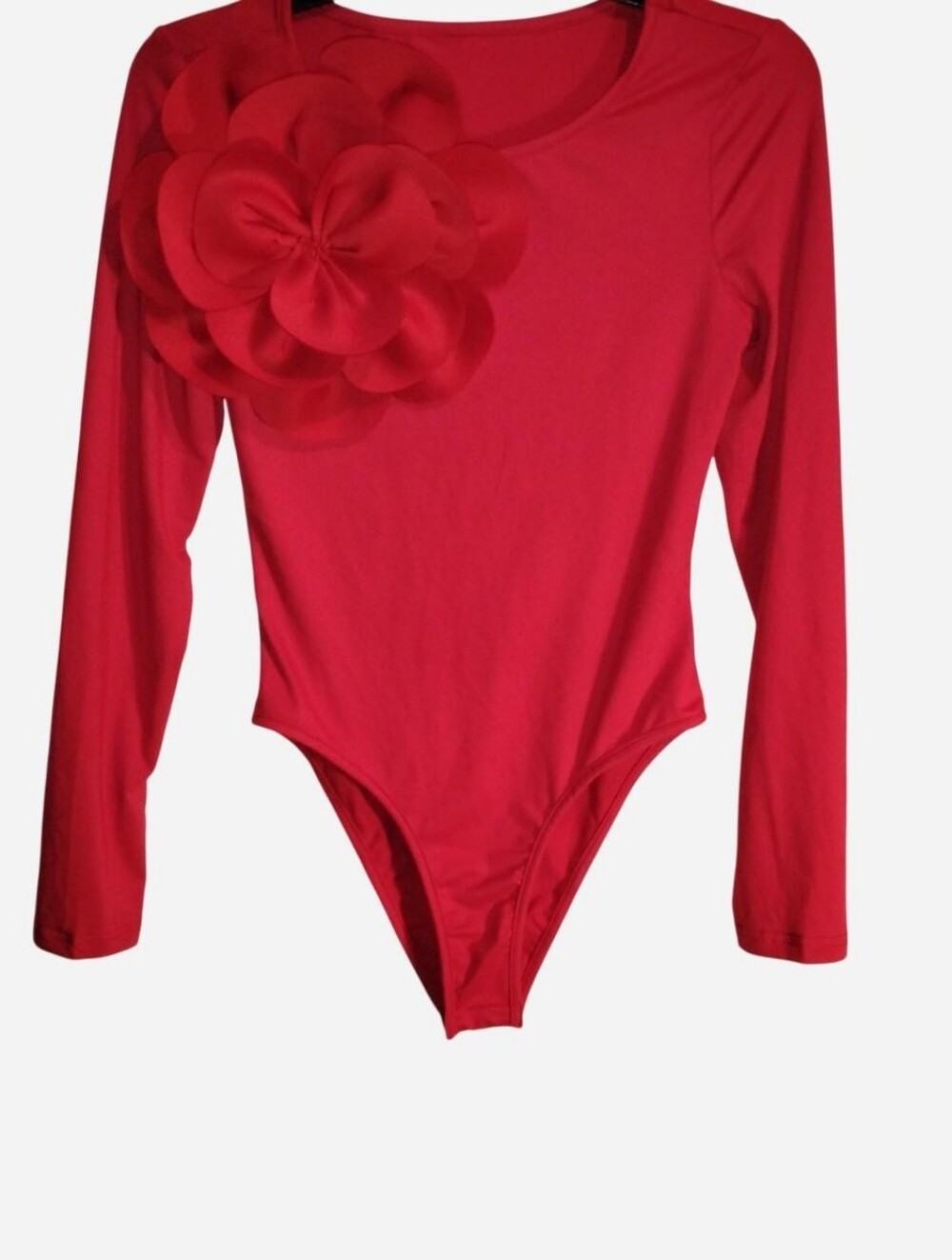 Vibrant Crimson 3D Flower Applique Bodysuit, Size M